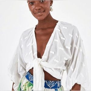 Farm Rio Tie Front Pineapple White Blouse Size S